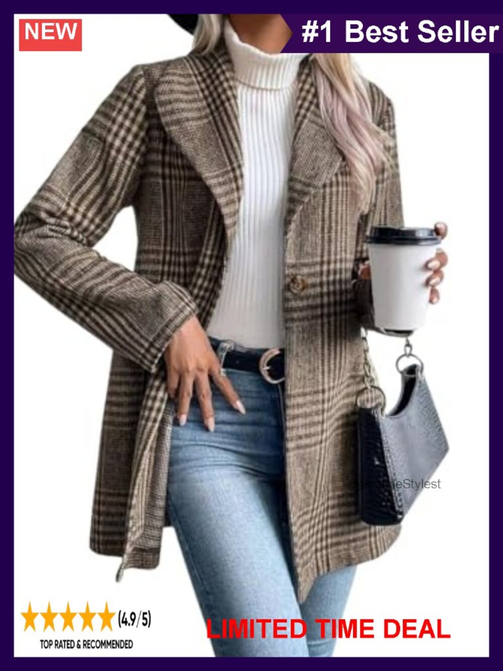 Women's Plaid Wool Blend Blazer Shawl Collar One Button Business Casual